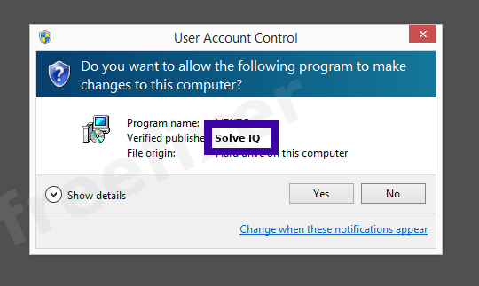 Screenshot where Solve IQ appears as the verified publisher in the UAC dialog
